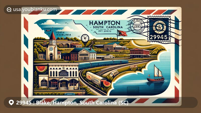 Vintage airmail envelope illustration of ZIP code 29945 in Blake, Hampton, South Carolina, USA, featuring iconic landmarks like Hampton depot and town clock, capturing the region's cultural significance.