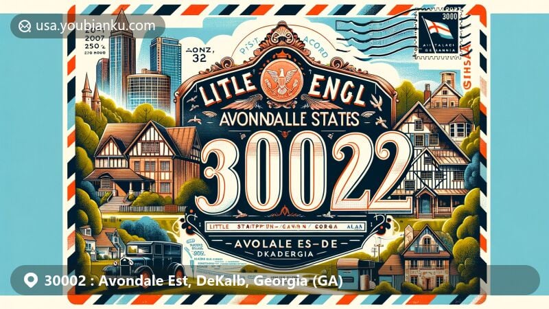 Modern illustration of Avondale Estates, DeKalb County, Georgia, showcasing postal theme with ZIP code 30002, featuring Tudor architectural style, lush green landscapes, and charming buildings inspired by Stratford-upon-Avon.