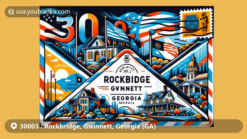Modern illustration of Rockbridge, Gwinnett County, Georgia, showcasing postal theme with ZIP code 30003, featuring Elisha Winn House, Stone Mountain, Georgia state flag, and Gwinnett County map outline.