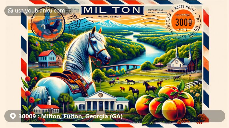 Modern illustration of Milton, Fulton, Georgia, portraying rural and equestrian charm with lush landscapes, horses, and iconic landmarks like Sawnee Mountain Preserve and Lake Sidney Lanier, featuring Georgia's cultural symbols like peaches and ZIP code 30009.