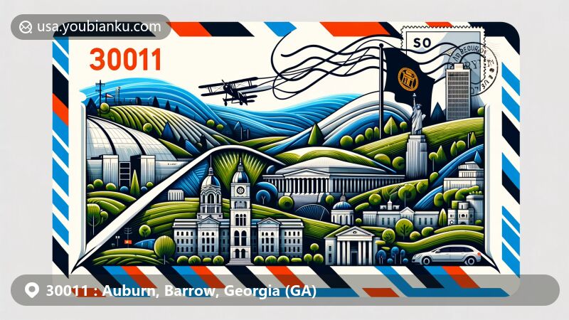 Modern illustration of Auburn, Barrow County, Georgia, inspired by ZIP code 30011, resembling an airmail envelope with rolling hills, green fields, and architectural landmarks, incorporating Georgia state flag elements.