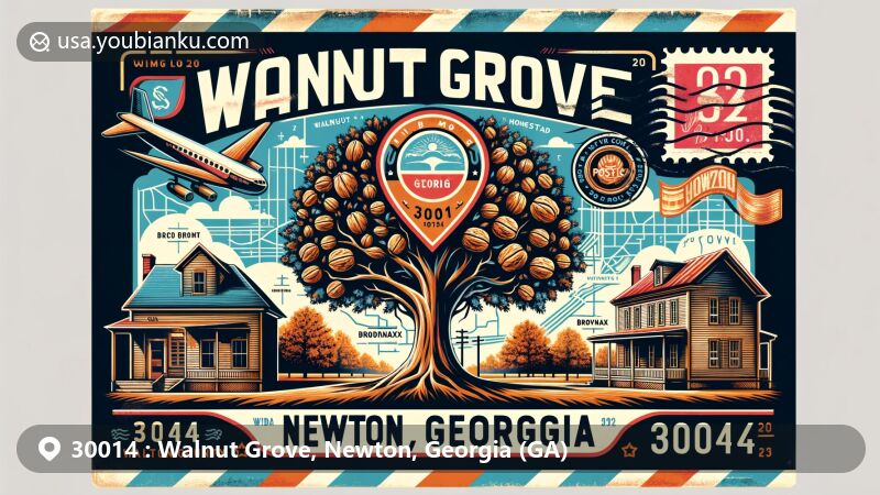 Illustration of Walnut Grove, Newton, Georgia, showcasing vintage air mail envelope, walnut tree, Brodnax Homestead, and Walton County map. Includes postal stamp with ZIP code 30014 and Georgia state flag.