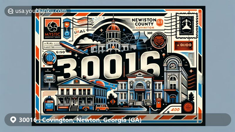 Modern illustration of Covington and Newton County, Georgia, showcasing postal theme with ZIP code 30016, featuring Newton County Courthouse, Mystic Grill, and Georgia state flag.