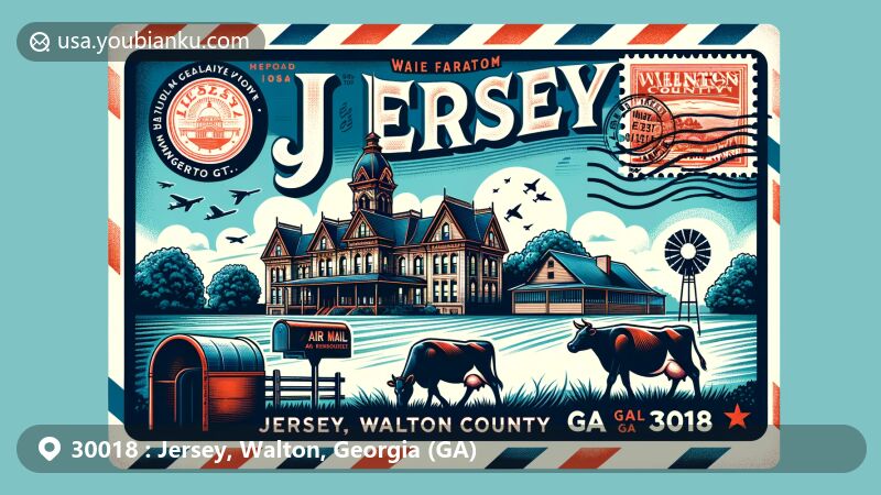 Modern illustration of Jersey, Walton County, Georgia, featuring postal theme with ZIP code 30018, showcasing dairy farming and the Jersey Bull, with a backdrop of the Second Empire Victorian-style courthouse of Walton County.