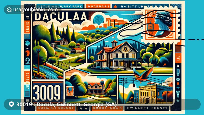 Modern illustration of Dacula, Gwinnett County, Georgia, showcasing postcard theme with ZIP code 30019, featuring Little Mulberry Park, Rabbit Hill Park, Elisha Winn House, and Georgia state flag.