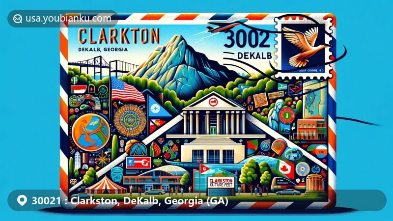 Modern illustration of Clarkston, DeKalb, Georgia ZIP code 30021, designed as an airmail envelope featuring Stone Mountain Trail, Clarkston Culture Fest symbols, library, stadium, and Georgia state flag stamp.