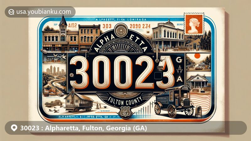 Vintage-style air mail envelope representing ZIP Code 30023, Alpharetta, Fulton, Georgia, showcasing postal essence and local landmarks with historical significance.