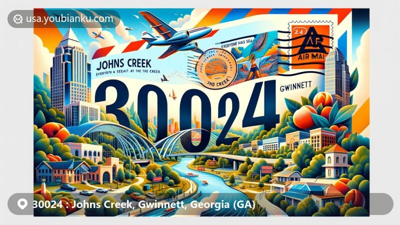 Illustration of Johns Creek, Gwinnett, Georgia, showcasing stylish airmail envelope and ZIP code 30024, featuring 'Everyone Has a Seat at the Creek' mural, Chattahoochee River, historic homes, Native American heritage, and peach symbolism.