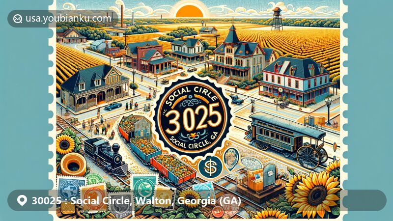Modern illustration depicting the historic district of Social Circle, Walton, Georgia, showcasing Victorian architecture and local landmarks, including the Social Circle Heritage Museum, old railroad, and sunflower fields, surrounded by postal symbols like vintage stamps and a postmark with ZIP code 30025.