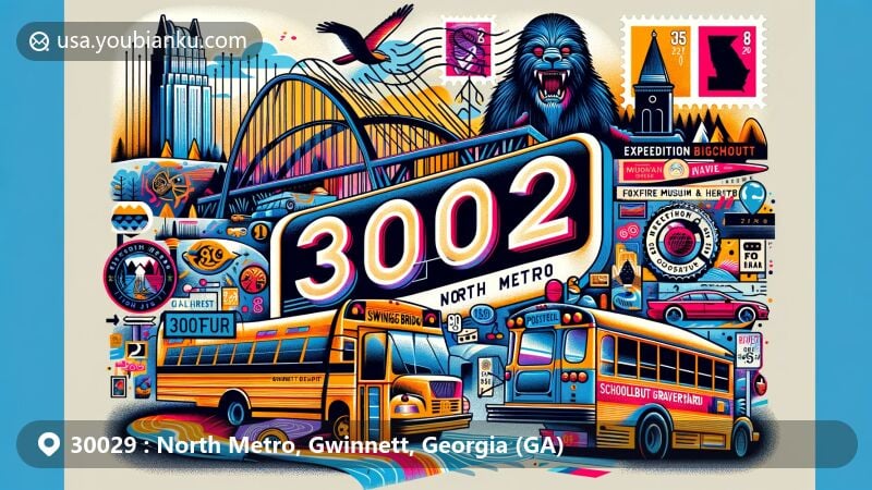 Vibrant illustration of North Metro, Gwinnett, Georgia, depicting iconic Toccoa River Swinging Bridge, Schoolbus Graveyard graffiti art, and Expedition Bigfoot Museum, with postal elements and ZIP code 30029.