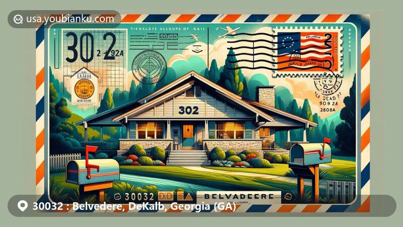 Modern illustration of Belvedere, DeKalb, Georgia, showcasing ranch house representing mid-20th century architectural boom, with vintage airmail envelope featuring postal stamp '30032', postmark, and Georgia state flag.
