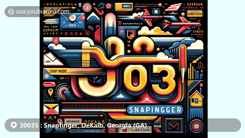 Modern illustration of Snapfinger, DeKalb, Georgia, designed as an elongated airmail envelope/postcard, showcasing ZIP code 30035 and local features like Snapfinger Creek and DeKalb County symbol.