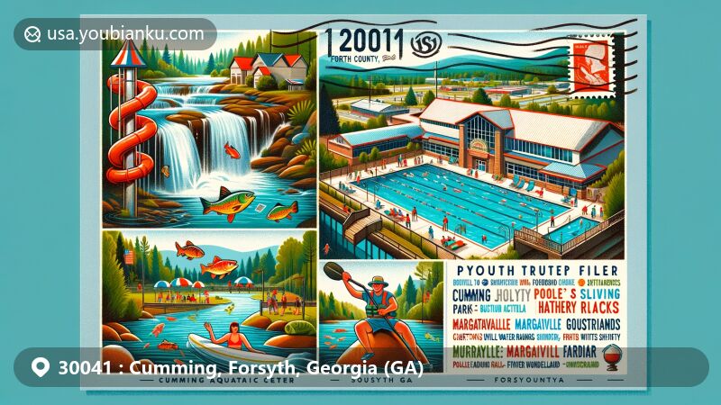 Modern illustration of Cumming, Forsyth County, Georgia, showcasing unique landmarks including Cumming Aquatic Center, Buford Trout Hatchery, Poole's Mill Sliding Rocks, and Lake Lanier, with postal theme and ZIP code 30041.