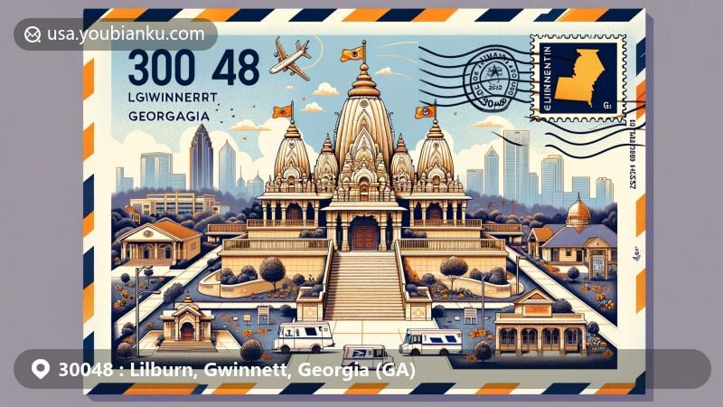Vibrant illustration of Lilburn, Gwinnett, Georgia, featuring BAPS Shri Swaminarayan Mandir and diverse cultural elements, with a nod to postal theme and ZIP code 30048.