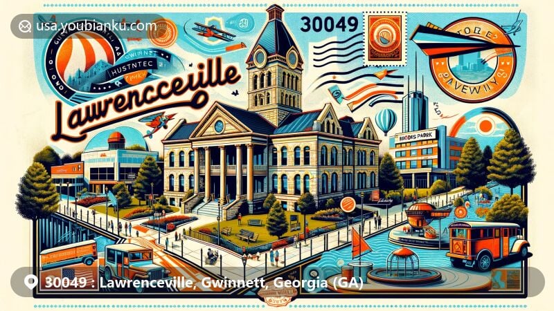 Illustration of Lawrenceville, Gwinnett, Georgia, featuring vintage-style postcard design with Gwinnett Historic Courthouse, Freeman's Mill Park, Rhodes Jordan Park, Slow Pour Brewing Company, '30049' ZIP Code, vintage stamps, and postmark.