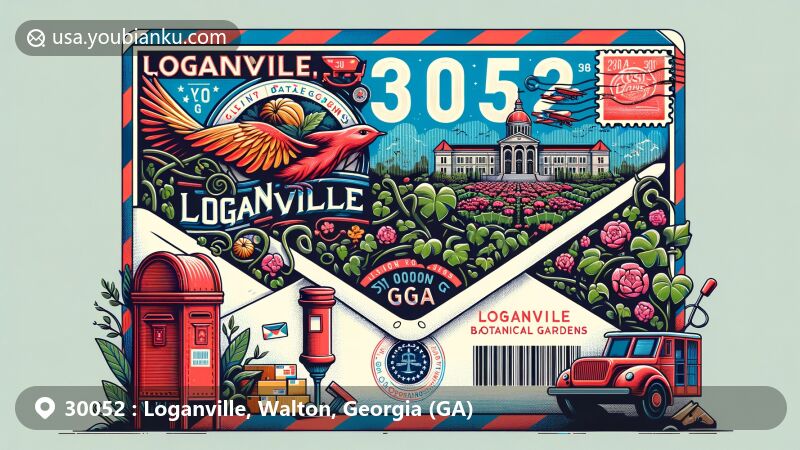 Modern illustration of Loganville, Walton County, Georgia, featuring vintage airmail envelope with Vines Botanical Gardens stamp, Georgia state flag, and postal elements.