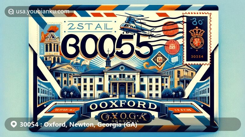 Vintage-style illustration of Oxford, Newton County, Georgia, featuring airmail envelope with ZIP code 30054, showcasing historic buildings of Oxford College and postal symbols.