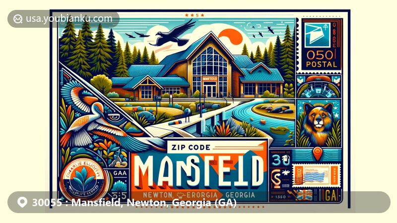 Modern illustration of Mansfield, Newton, Georgia, representing ZIP Code 30055 with a postal envelope featuring the Charlie Elliott Wildlife Center and Georgia's natural beauty.