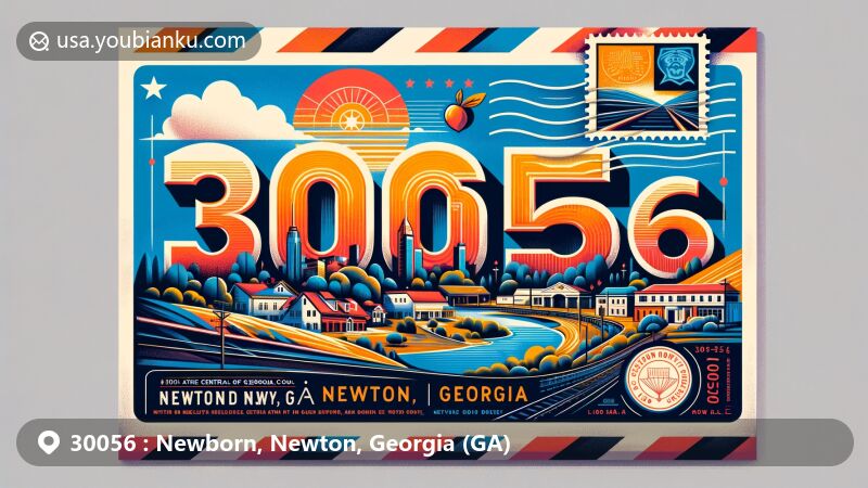 Modern illustration of Newborn, Newton, Georgia, depicting ZIP code 30056 with regional and postal elements, featuring Newborn Park, Central of Georgia Railway, and state outline with Georgia peach stamp.