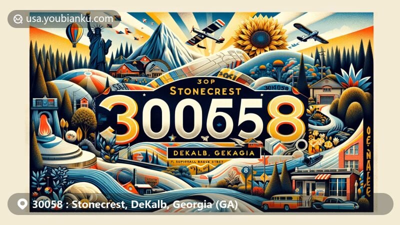 Modern illustration of Stonecrest, DeKalb, Georgia, showcasing ZIP Code 30058 in a postcard layout with iconic landmarks like Arabia Mountain, Mammoth sunflower, and Bald Cypress tree, representing the city's nature connection and local business scene.