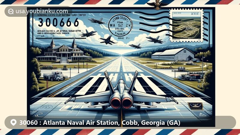 Modern illustration of Marietta, Georgia, highlighting postal theme with ZIP code 30060, featuring General Lucius D. Clay National Guard Center and F/A-18 Hornet aircraft, incorporating historical sites like William Root House and Manning Family Cabin.