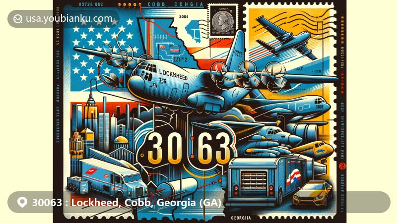 Modern illustration of Lockheed, Cobb, Georgia, inspired by ZIP code 30063, featuring Lockheed AC-130A Spectre and Lockheed YC-141B StarLifter aircrafts, representing the region's aviation history and the Aviation History & Technology Center.