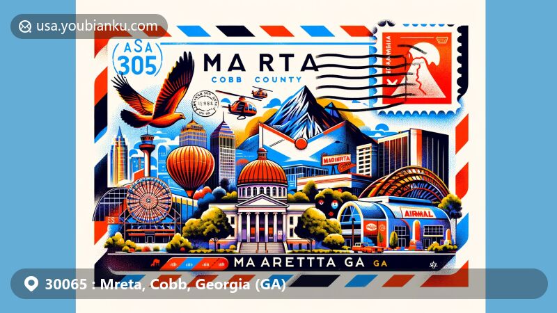 Creative illustration of Marietta, Cobb County, Georgia, highlighting ZIP code 30065 with landmarks Marietta Square, Kennesaw Mountain, and Big Chicken, in a modern airmail envelope design.