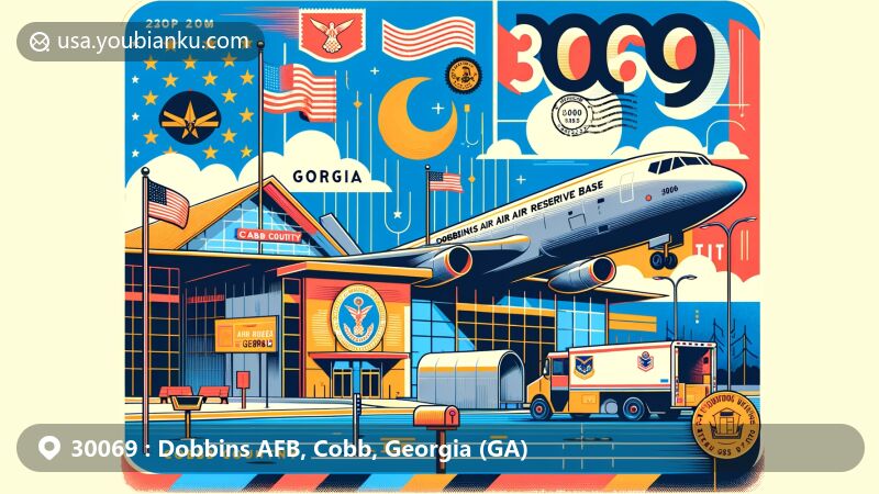 Modern illustration of ZIP Code 30069 (Dobbins AFB, Cobb, Georgia) featuring Dobbins Air Reserve Base, Georgia state flag, stamps, postmark with ZIP Code 30069, and postal elements.