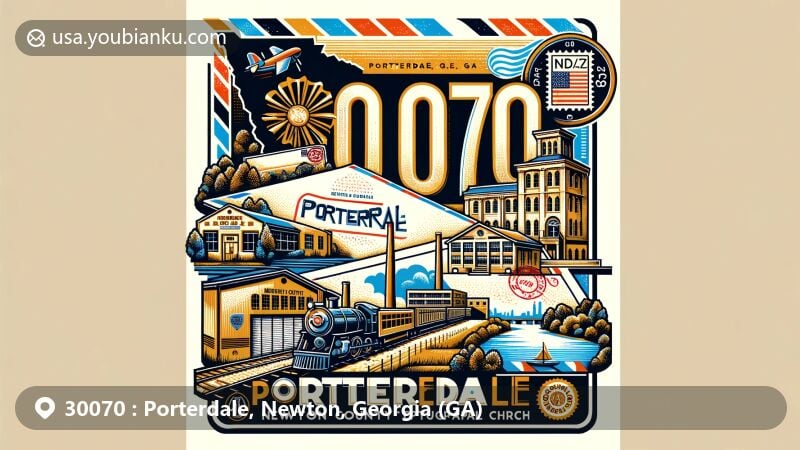 Modern illustration of Porterdale, Newton County, Georgia, featuring vintage airmail envelope with ZIP code 30070, showcasing historic landmarks, including Porterdale Mill complex, Yellow River, and Julia Porter Methodist Episcopal Church.