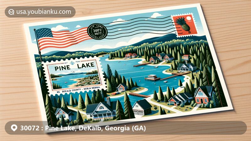 Modern illustration of Pine Lake, DeKalb County, Georgia, featuring serene lake view and Georgia state flag, with vintage postal elements like postage stamp, postmark, and airmail envelope.