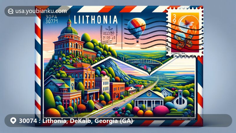 Modern illustration of Lithonia, DeKalb County, Georgia, featuring a stylized airmail envelope with ZIP code 30074. Left side showcases the diverse architecture of Lithonia Historic District. Right side highlights Arabia Mountain National Heritage Area with unique flora and granite landscapes. Envelope displays Georgia state flag stamp and authentic postal mark.