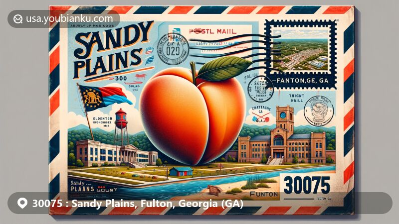 Modern illustration of Sandy Plains, Fulton, Georgia, showcasing postal theme with ZIP code 30075, featuring iconic peach and Chattahoochee River.