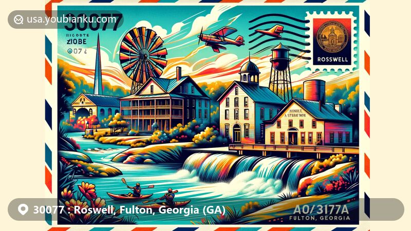 Modern illustration of Roswell, Fulton, Georgia, featuring ZIP code 30077, highlighting landmarks like Archibald Smith Plantation Home, Bulloch Hall, and the Roswell Mill, along with the Chattahoochee River and Georgia state flag.