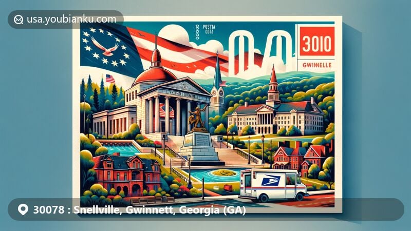 Modern illustration of Snellville, Gwinnett, Georgia, highlighting Snellville Veterans Memorial, City Hall, Stone Mountain Park, and Pate Lake, with postal elements like mailbox, postal van, and ZIP code 30078 emblem.