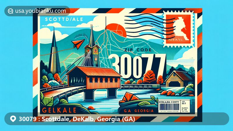 Modern illustration of Scottdale, DeKalb County, Georgia, highlighting postal theme with ZIP code 30079, featuring Georgia Gideon Monument and Allensons Mill Covered Bridge.