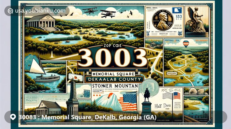 Creative illustration of Memorial Square, DeKalb County, Georgia, capturing ZIP code 30083 with vintage postcard design, featuring natural landmarks, cultural elements, and historical references like the Civil War.