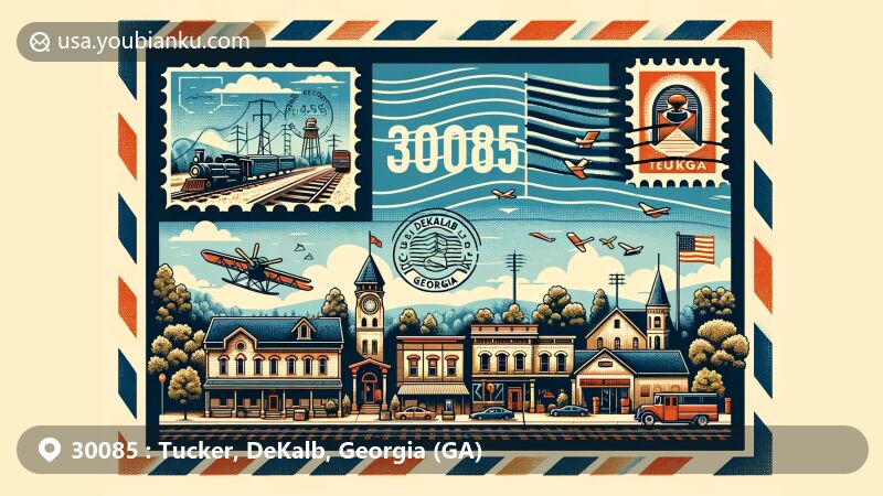 Modern illustration of Tucker, DeKalb, Georgia, presenting postal theme with ZIP code 30085, featuring state flag, DeKalb County outline, and local architecture.
