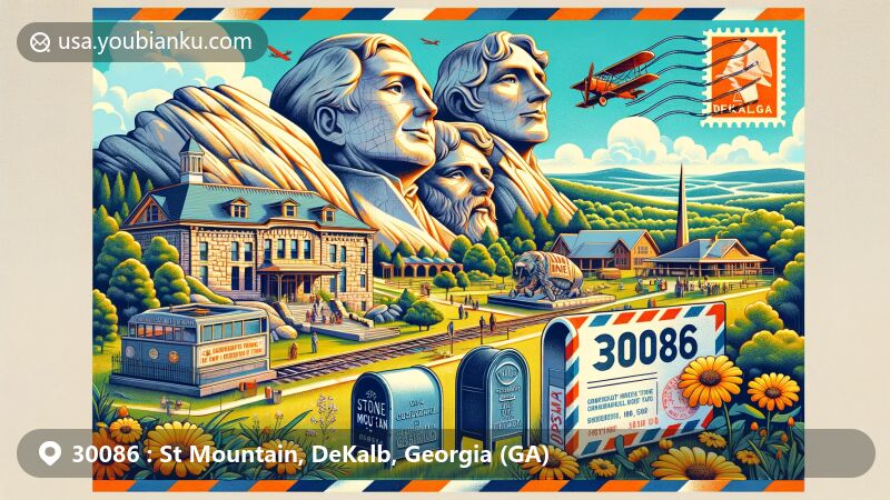 Modern illustration of ZIP Code 30086 in Stone Mountain, DeKalb, Georgia, featuring vintage postcard design with iconic landmarks like the Confederate Memorial Carving, Georgia oak, and postal elements.