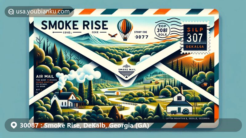 Vivid illustration of Smoke Rise, DeKalb County, Georgia, featuring a postage-themed design with ZIP code 30087, showcasing the lush wooded countryside, Stone Mountain landmark, and historical farming heritage.