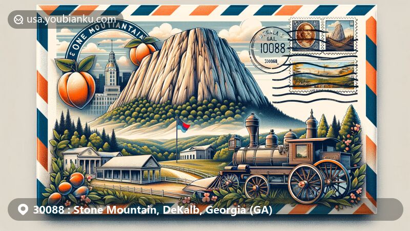 Modern illustration of Stone Mountain, DeKalb County, Georgia, with ZIP code 30088, featuring iconic landmark, granite monolith, peach trees, state flag, vintage stamps, postmark, and mail carriage.