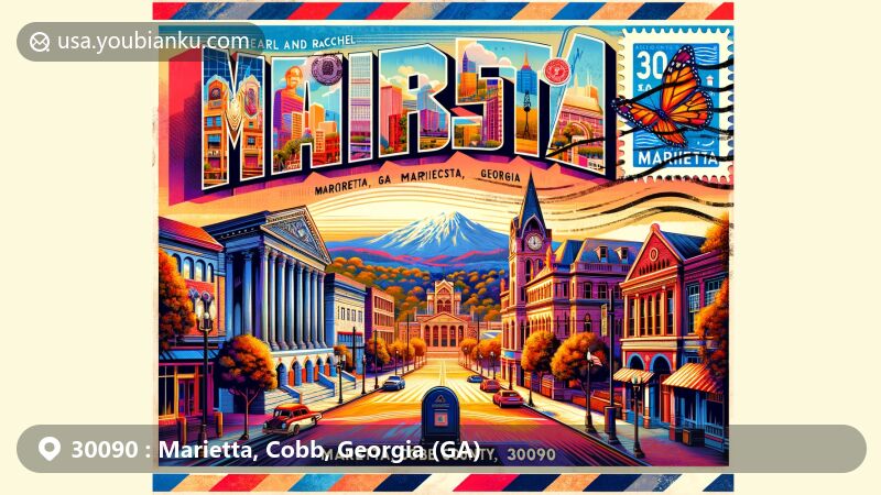 Modern illustration of Marietta, Cobb County, Georgia, featuring iconic symbols including the Earl and Rachel Smith Strand Theatre, Marietta Square, and Kennesaw Mountain, in a vibrant postcard design with postal elements.