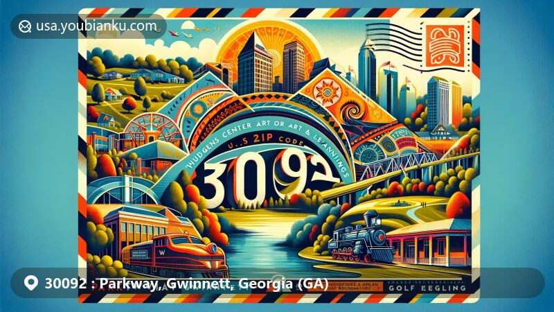Modern illustration of Parkway, Gwinnett, Georgia (GA) ZIP Code 30092, featuring notable local landmarks like Tribble Mill Park, Hudgens Center for Art & Learning, Chattahoochee River National Recreation Area, Château Élan Golf Club, and Southeastern Railway Museum.
