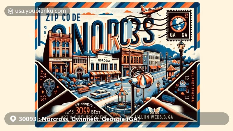 Vintage airmail envelope illustration showcasing ZIP Code 30093 for Norcross, Gwinnett, Georgia, featuring historic downtown Norcross with brick buildings, street lamps, and vibrant arts scene.