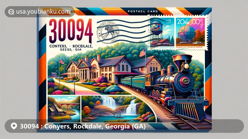 Modern illustration of Conyers, Rockdale County, Georgia, showcasing Conyers Depot, 1905 Rogers Steam Locomotive 'Dinky', Georgia International Horse Park, Costley Mill Park's waterfall, Olde Town Conyers, and Lewis Vaughn Botanical Gardens.