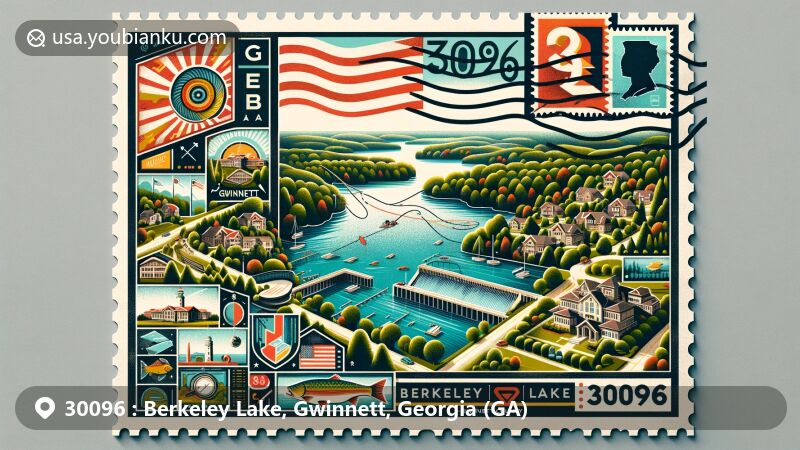 Modern illustration of Berkeley Lake, Gwinnett County, Georgia, showcasing postal theme with ZIP code 30096, featuring the 88-acre lake, lush greenery, residential homes, Gwinnett County outline, fishing representations, earthen dam, Georgia state flag, and postal elements.