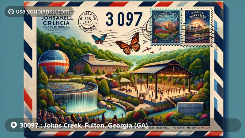 Modern illustration of Johns Creek, Fulton, Georgia, USA, featuring ZIP code 30097 with iconic landmarks like Autrey Mill Nature Preserve, Newtown Park Amphitheater, and Veterans Memorial Walkway.
