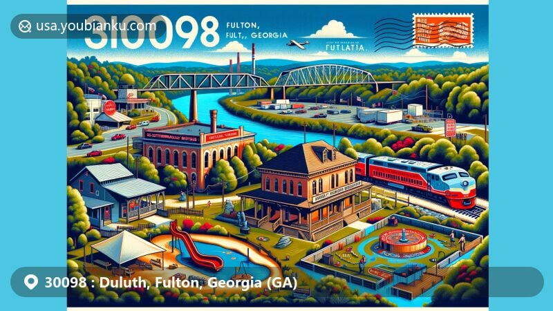 Modern illustration of Duluth, Fulton, Georgia, showcasing the Chattahoochee River and lush greenery, integrating key landmarks like Southeastern Railway Museum, Strickland House, Red Clay Music Foundry, and Pirate's Cove Adventure Golf, with a postal theme featuring ZIP code 30098.