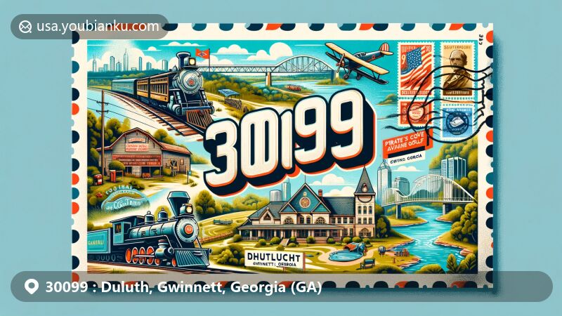 Modern illustration of Duluth, Gwinnett, Georgia, showcasing postal theme with ZIP code 30099, featuring Southeastern Railway Museum, Chattahoochee River, Pirate's Cove Adventure Golf, Strickland House, and Georgia state flag stamps.