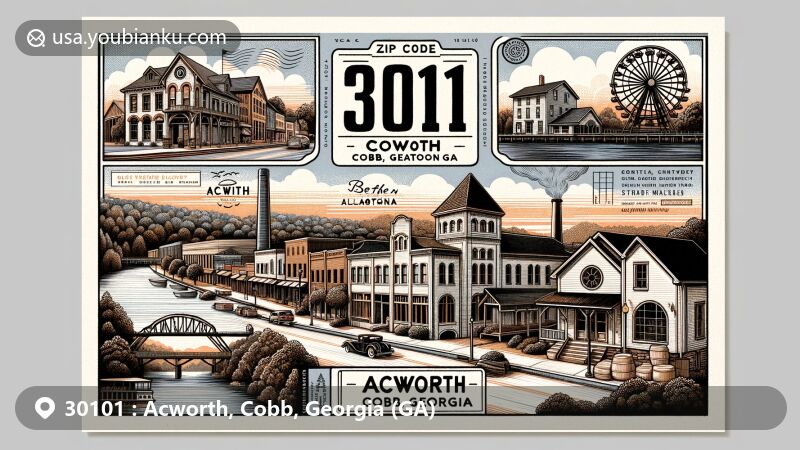 Modern illustration of Acworth, Cobb, Georgia, showcasing Historic Downtown Acworth with Victorian and Craftsman-style architecture, lakes Acworth and Allatoona, Cowan Historic Mill, Bethel AME Church, and Collins Avenue Historic District.