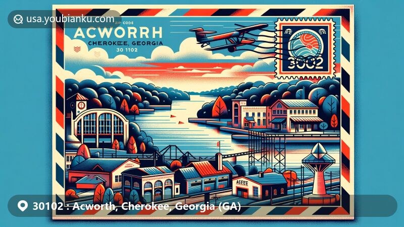 Vibrant illustration of Acworth, Cherokee County, Georgia, featuring Lake Allatoona, Cowan Historic Mill, and Acworth Depot with elements of the Georgia state flag and postal theme.